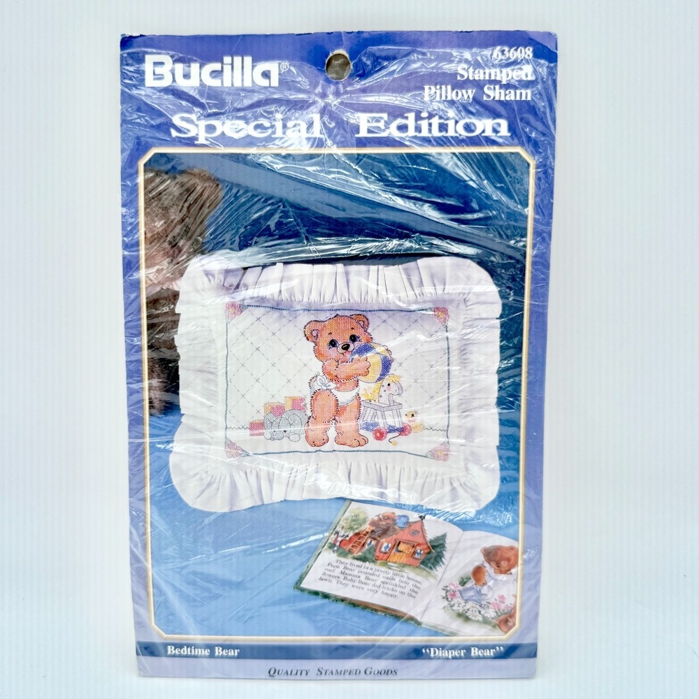 Bucilla Bedtime Bear Stamped Pillow Sham #63608 Vintage 1992 Crossstitch Pattern